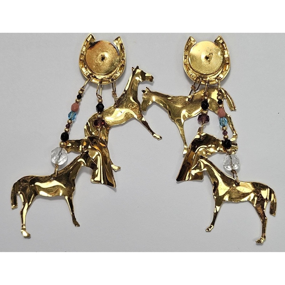 Vtg 1989 Lunch at the Ritz "Thoroughbred" Horse Earrings Multi-Tiered Dangle - Picture 11 of 16